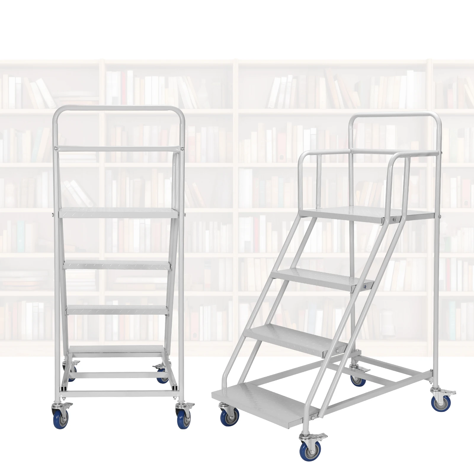 

4 Steps Industrial Rolling Step Ladder 445LBs Capacity Metal Rolling Mobile Ladder W/ Wheels for Supermarket Library