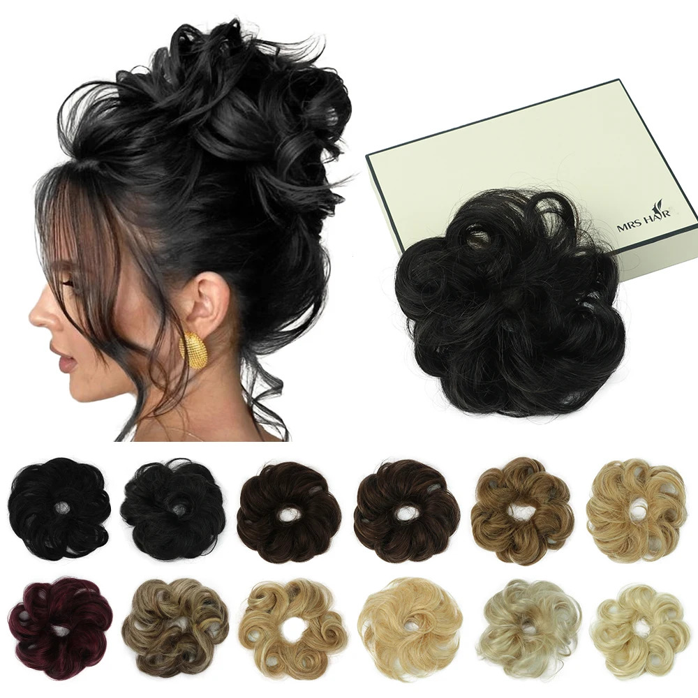 MRS HAIR New Arrival Curly Natural Human Hair Buns Chignon Updo Donut Real Hair Extensions Flexible Elastic Band Hair Piece 40g