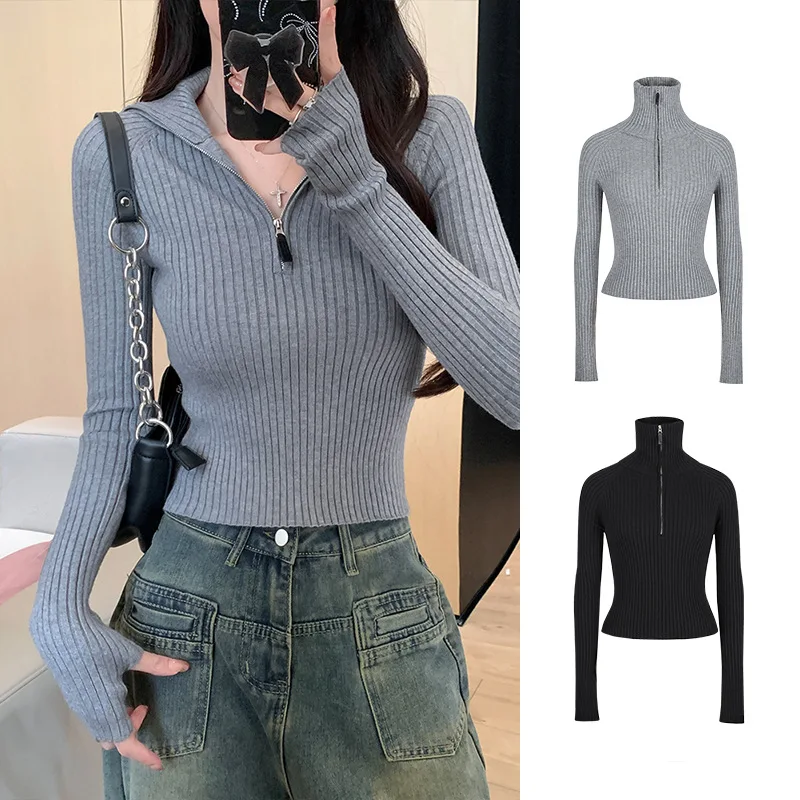 

Вязаный женский свитер на молнии с высоким воротом, пуловеры, осень-зима, базовые женские свитера, тонкий однотонный трикотаж, топы Pull Femme