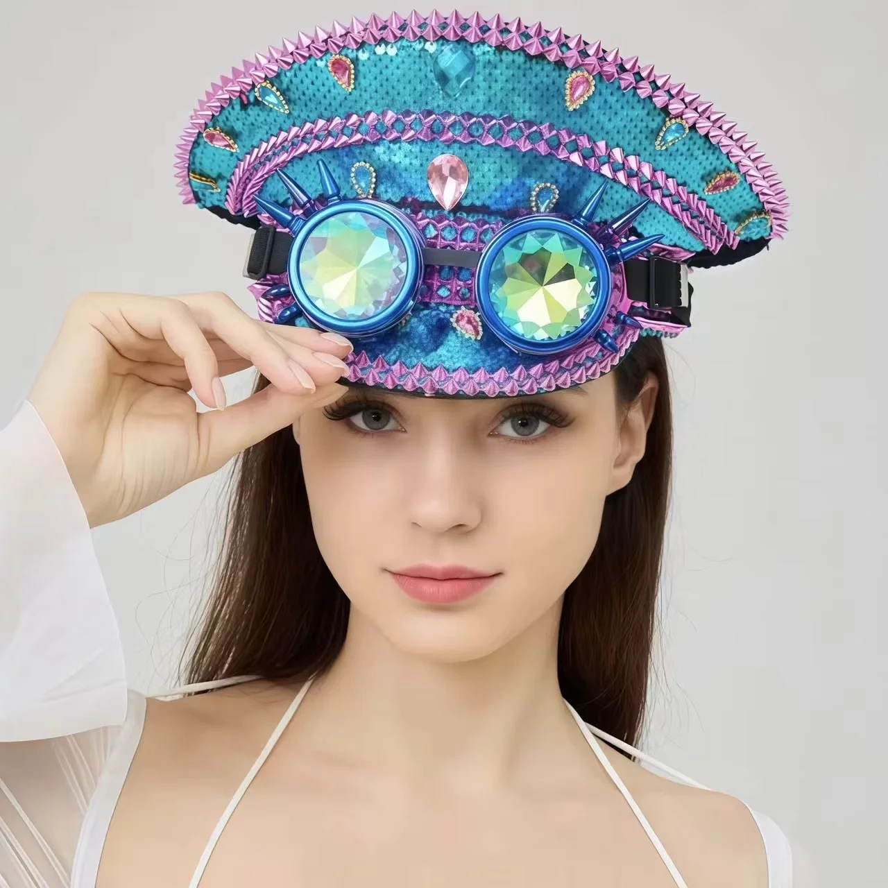 

HongLuan Blue Steampunk Captain Hat Rhinestone with Goggles for Burning Man Festival Woman, Military Accessories & Cap for Man