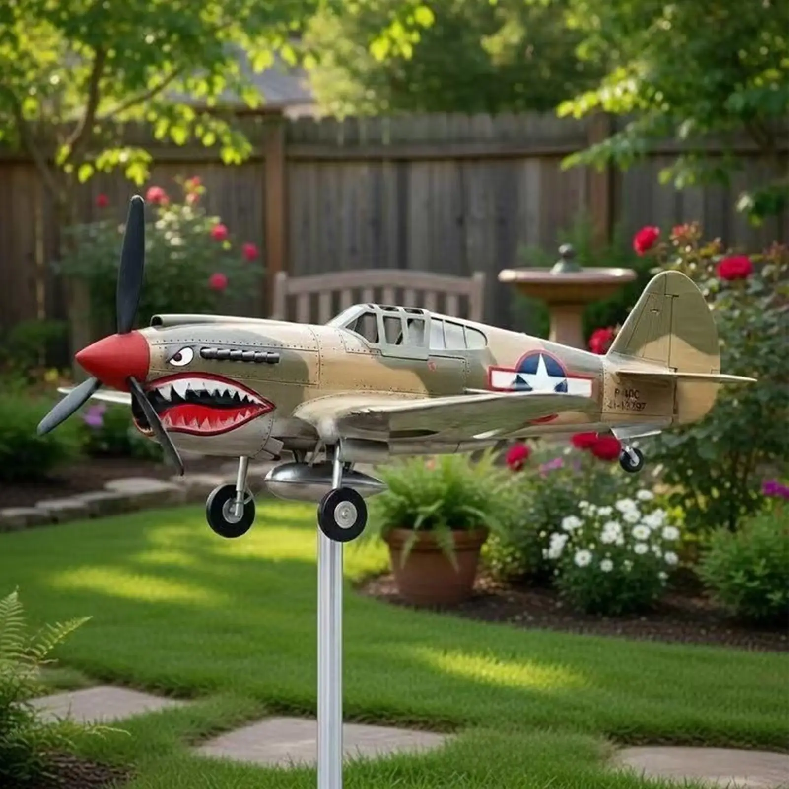 Image of Haifischmaul-Flugzeug-Gartenwindspinner, flacher Flugzeug-Wetterfahne-Windmühlen-Windspinner, Outdoor-Windspiel für den Garten und Hinterhof