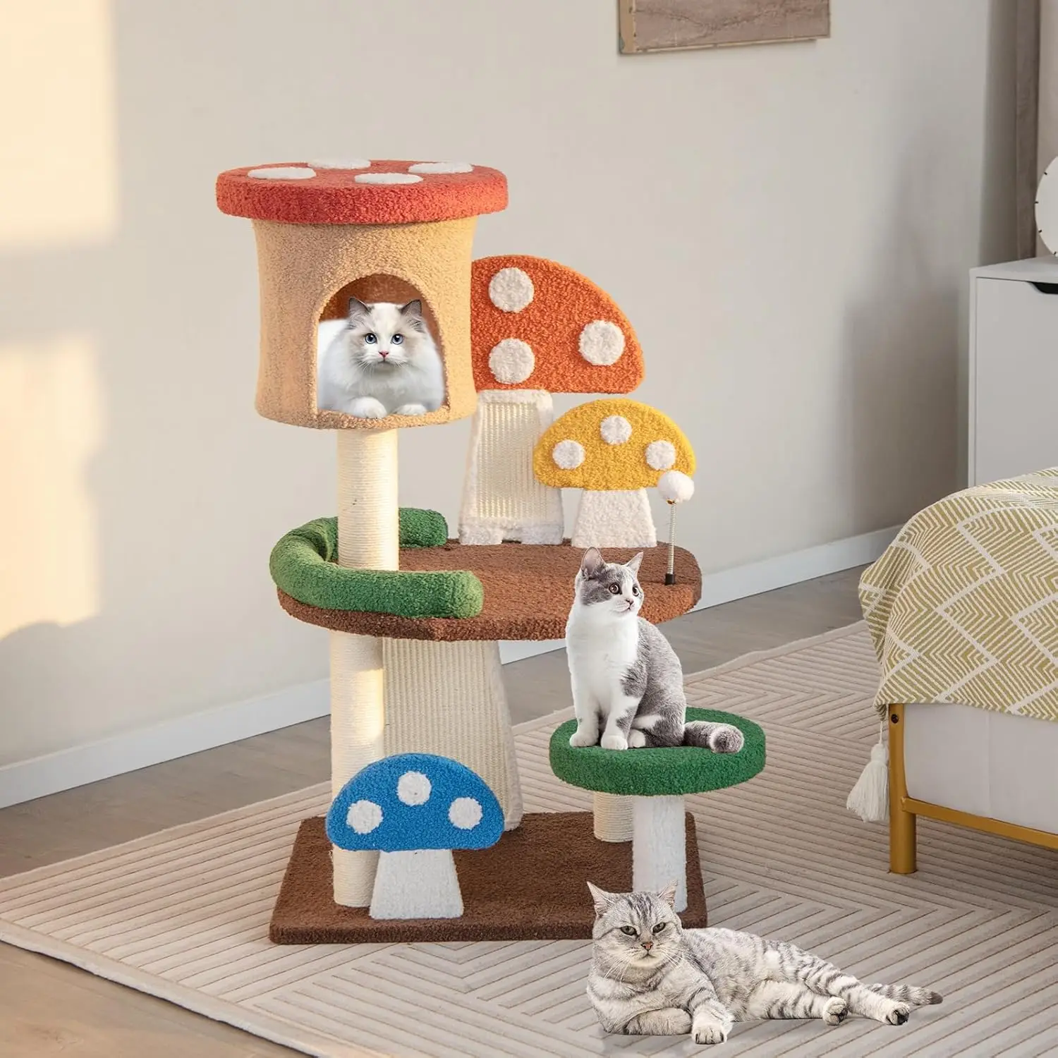 Mushroom Cat Tree, Cute Cat Tower with Full-Wrapped Sisal Post, Scratching Board & Spring Ball, Cat Condo