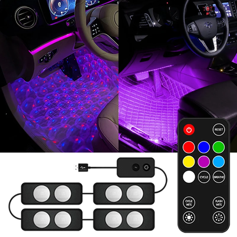 OKEEN 4p LED RGB Car Foot Ambient Light USB Wireless With Remote Control Universal Auto Interior Decorative Atmosphere Light 12V