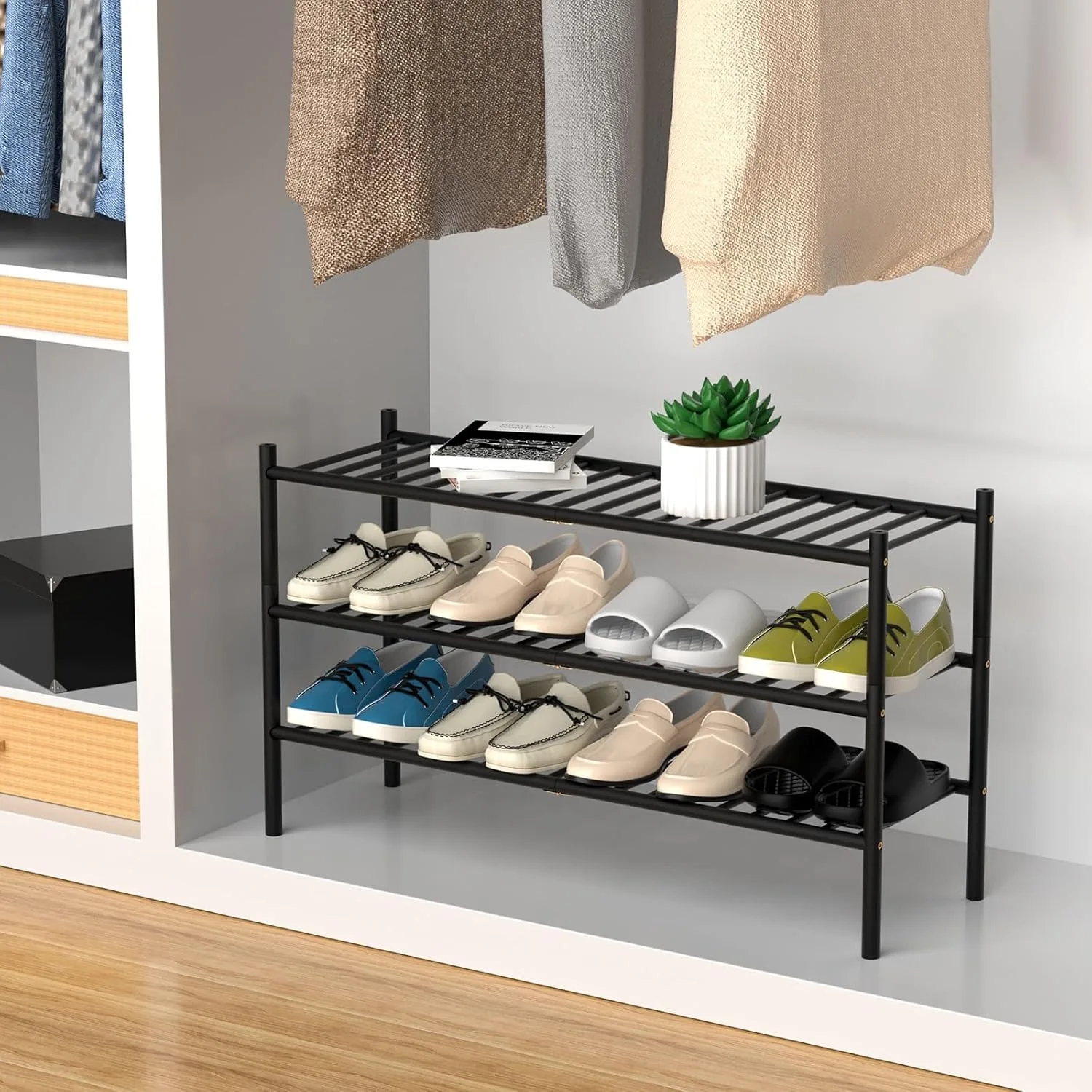 3-Tier Bamboo Long Shoe Rack, Free Standing Wood Shoe Shelf Storage Organizer for Closet Entryway Stackable 35"x11"x20" (Black)