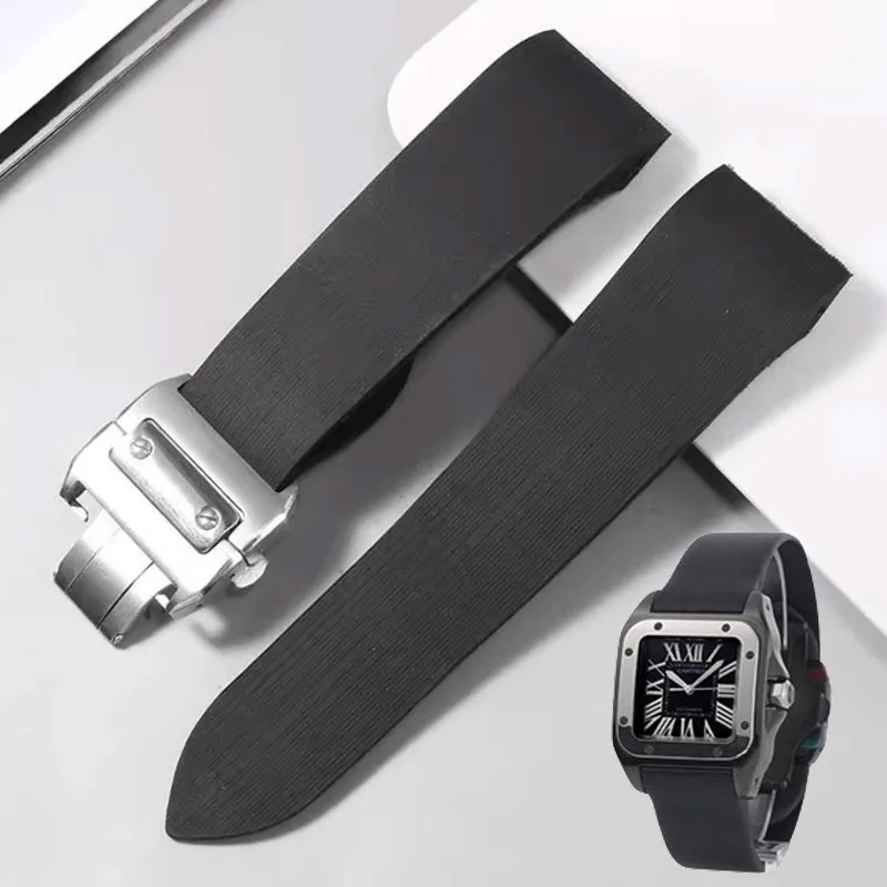 For Cartier Santos 100 W2020007 Waterproof Rubber Watch strap black soft Silicone Stainless steel watch buckle Watch Band 25mm