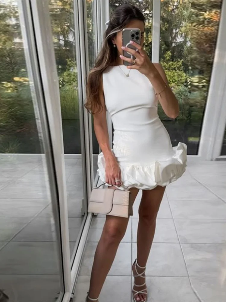 Mini Robe Plissée Blanche à Volants pour Femme, Chic, Col Rond, Coupe Cintrée, Courte, Éducative, Nouvelle Collection 2024