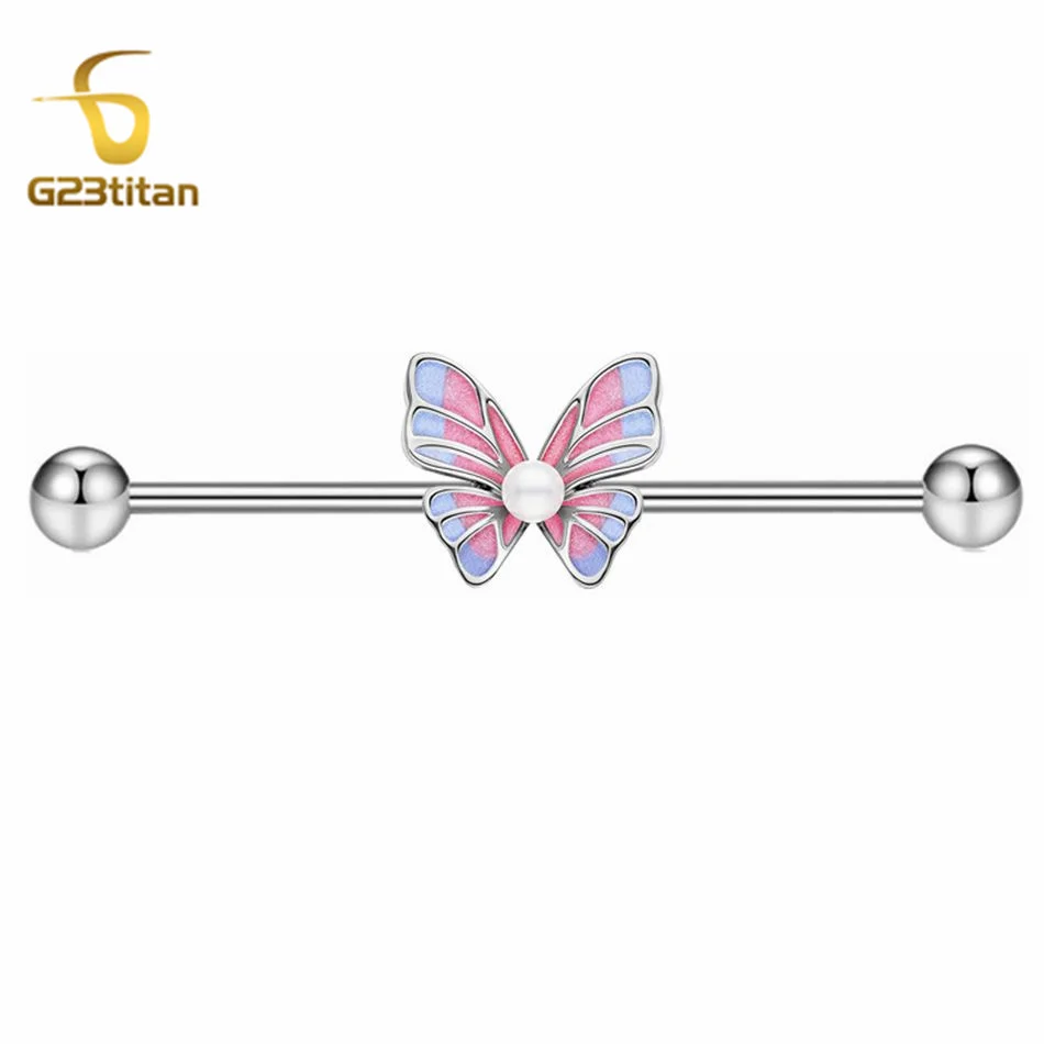 Perle Schmetterling Ohrknorpel Ohrring 14G 34-40mm Industrial Straight Barbell für Frauen G23 Titan Helix Piercings Schmuck