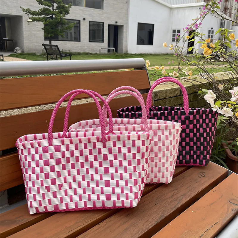 Women Fashion pvc Summer Beach Straw Knitting Shoulder Bag Hollow Out Handwoven Handbags Portable Large Capacity Casual Tote