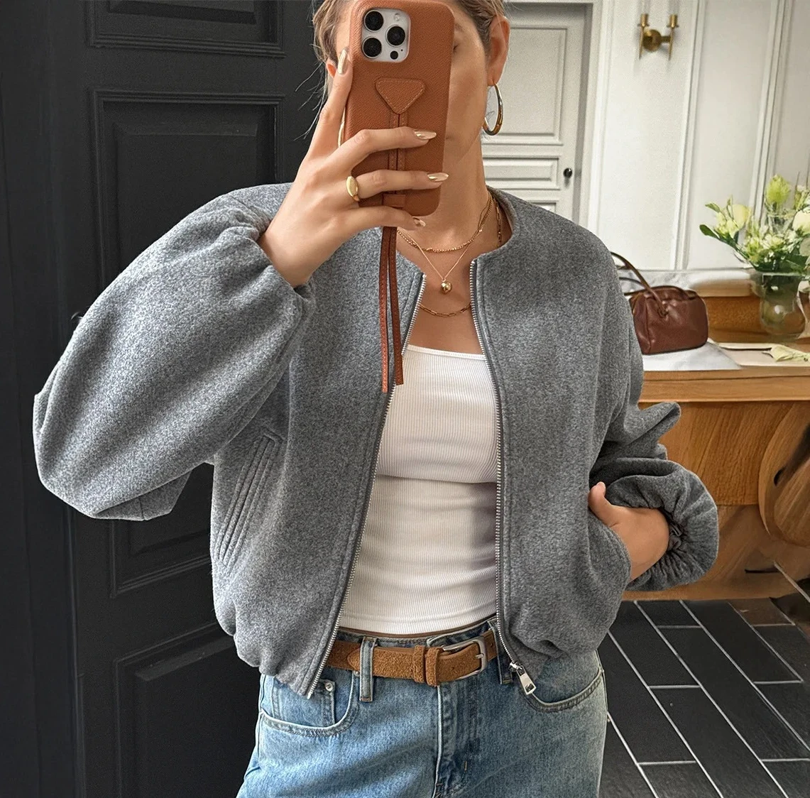 

Women Solid Coat Short Jacket Round Neck Long Sleeve Zipper Slight Strech Loose Office