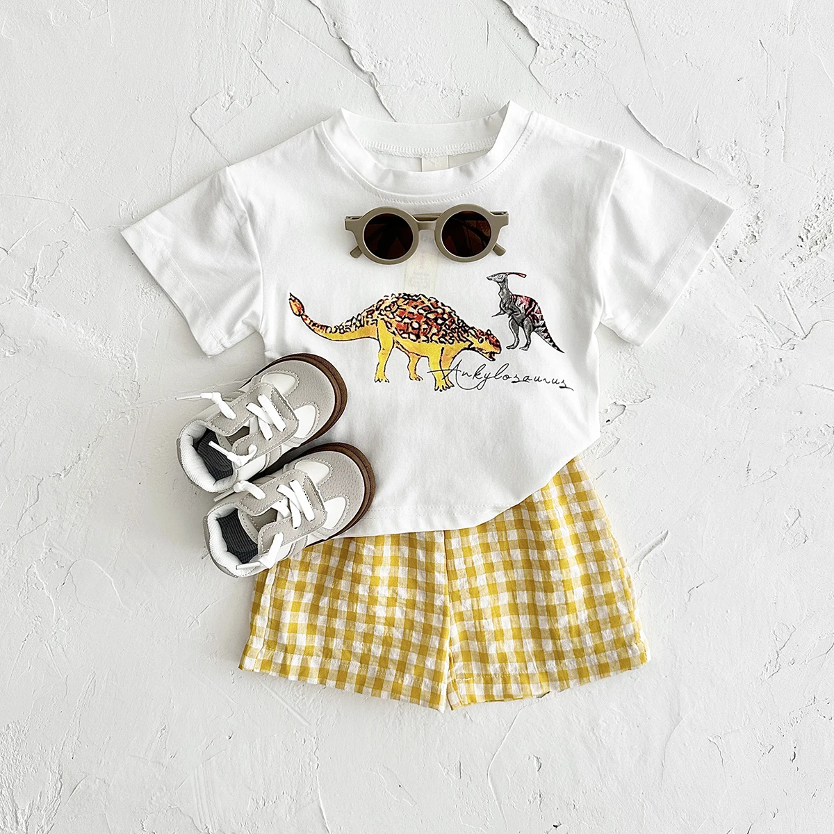 Baby Clothes Set Newborn Boys 2Pcs Casual Dinosaur Print Short Sleeved T-shirt+plaid Shorts Toddler Girl Summer Kids Outfit Set