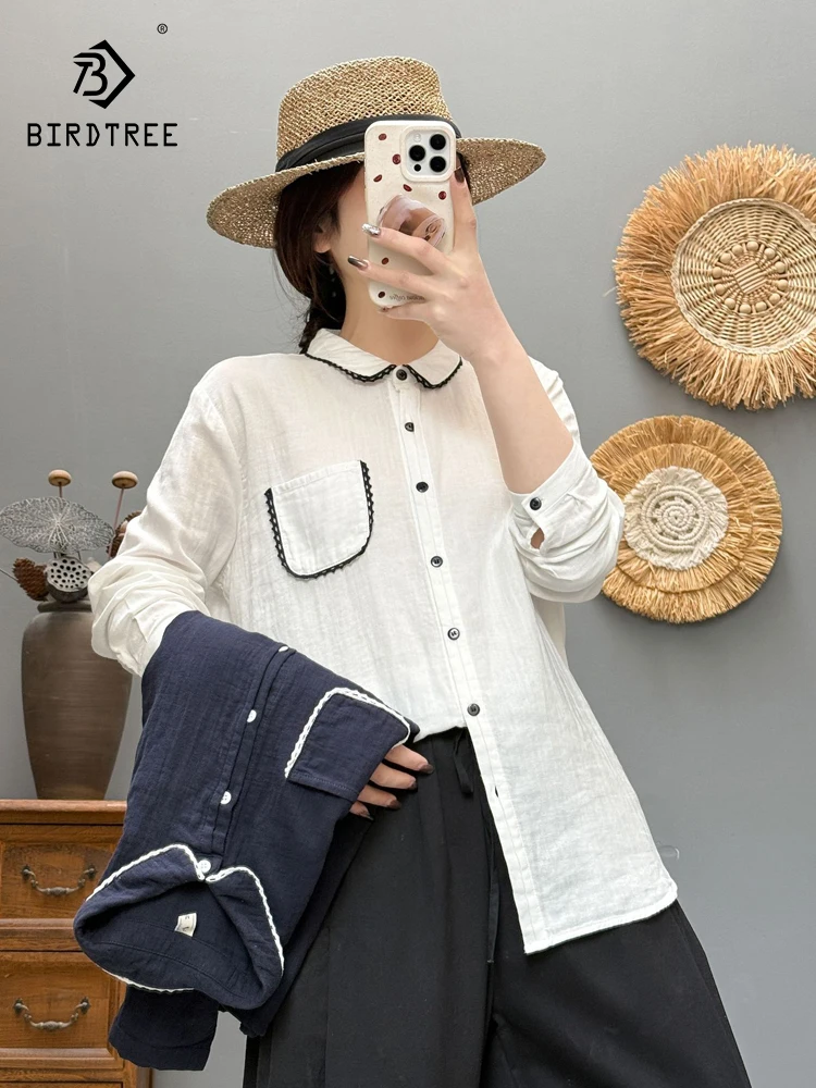 

New 2025 Summer Cotton Yarn Long Sleeve Shirt, Women Turn-down Collar Solid, Mori Girl Comfortable Casual Loose Blouse T55376CC