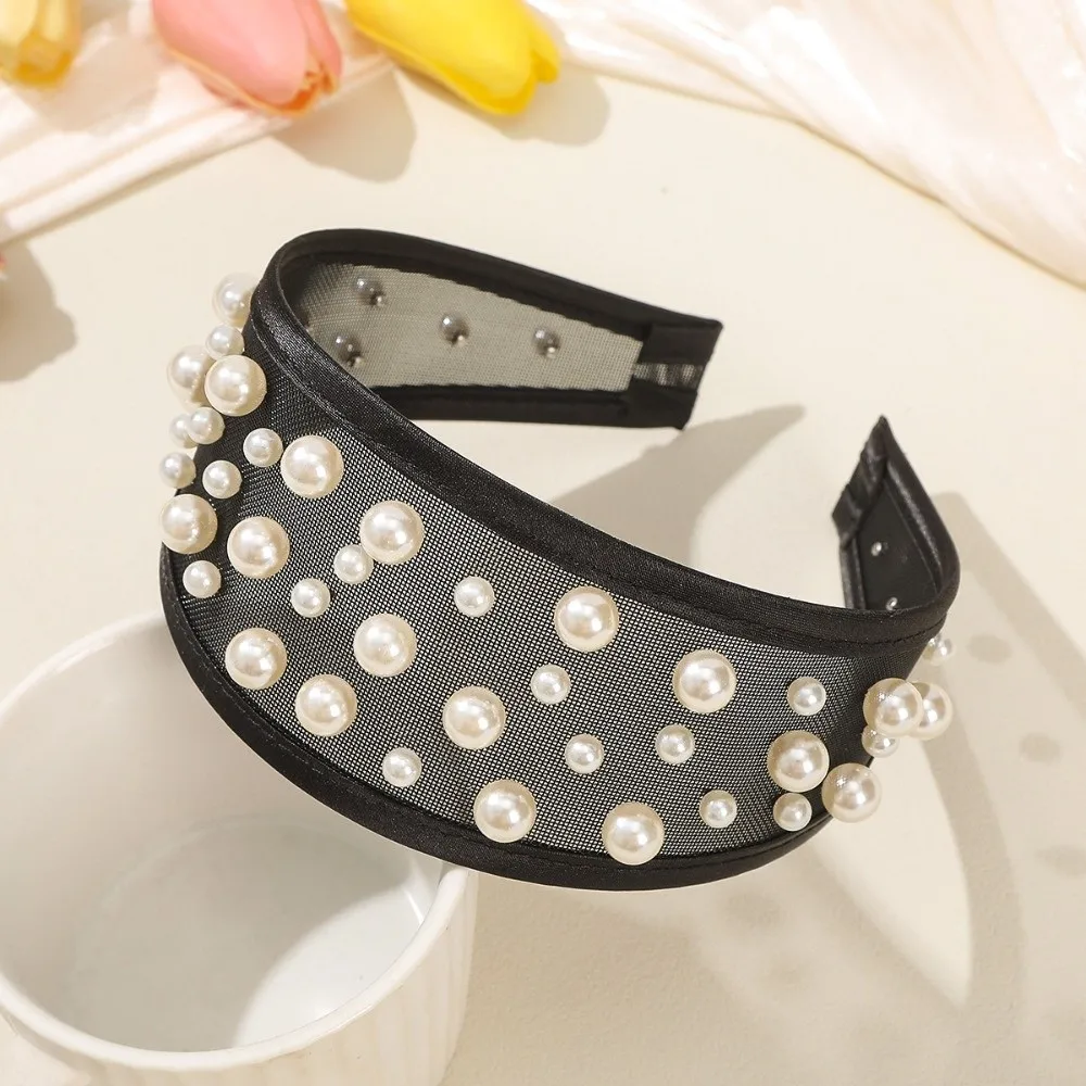 

Headwear Mesh Pearls Headband Beads Creative Rhinestone Wide Hair Hoop Solid Color Waterproof Black White Hairband Wash Face