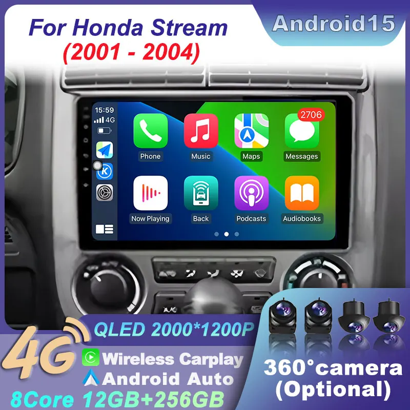 For Honda Stream 2001 - 2004 Car Multimedia GPS Video Player Navigation Radio Audio BT Wireless CarPlay Split Screen DSP Stereo