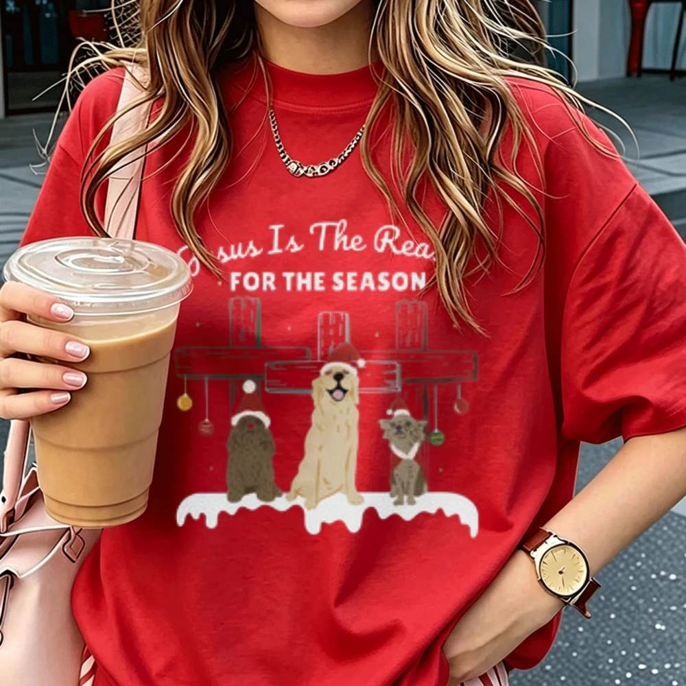 Jesus Is The Reason for The Season Christmas Dogs Graphic T‑Shirt Cotton Santa Hat Puppy Xmas Holiday Religious Faith Streetwear