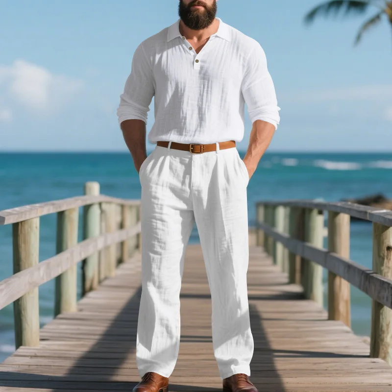 Sommer Herren Leinen 2-Teiliges Set Langarm Poloshirt Hose Einfarbig Lässig Atmungsaktiv Leicht Pendler-Outfit – Detail 2