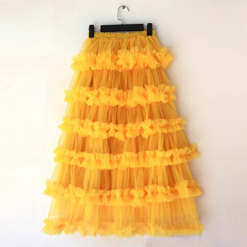 New Pleated Skirt Elastic High Waist Mesh Cake Skirt Women Fashion Sweet Solid Color Spring Summer Petticoat Tulle Female Bottom