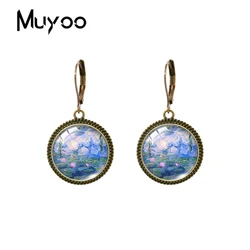 2023 New Claude Monet Art Dangle Earring Vintage Earrings Water Lily Painting Round Glass Dome Handmade Jewelry