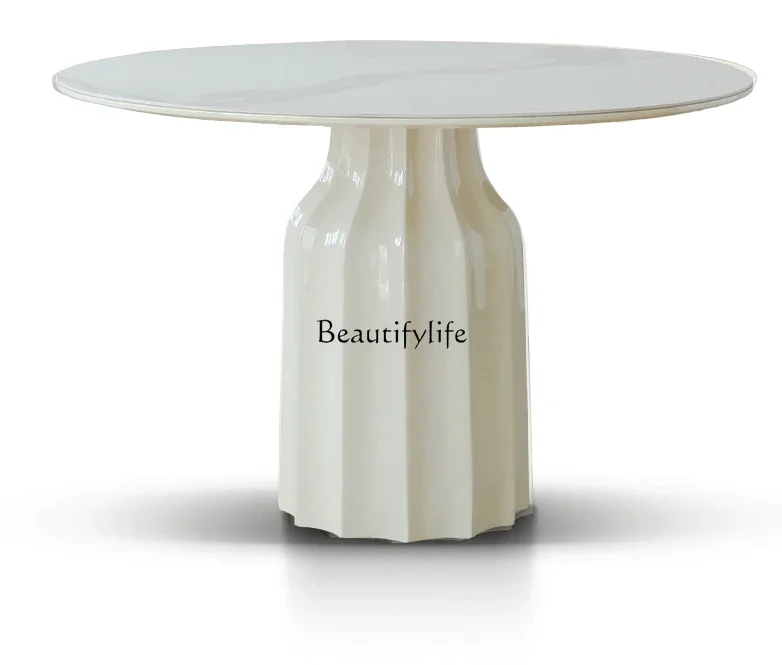 

Light French retro cream wind rock slab round dining table small apartment dining table