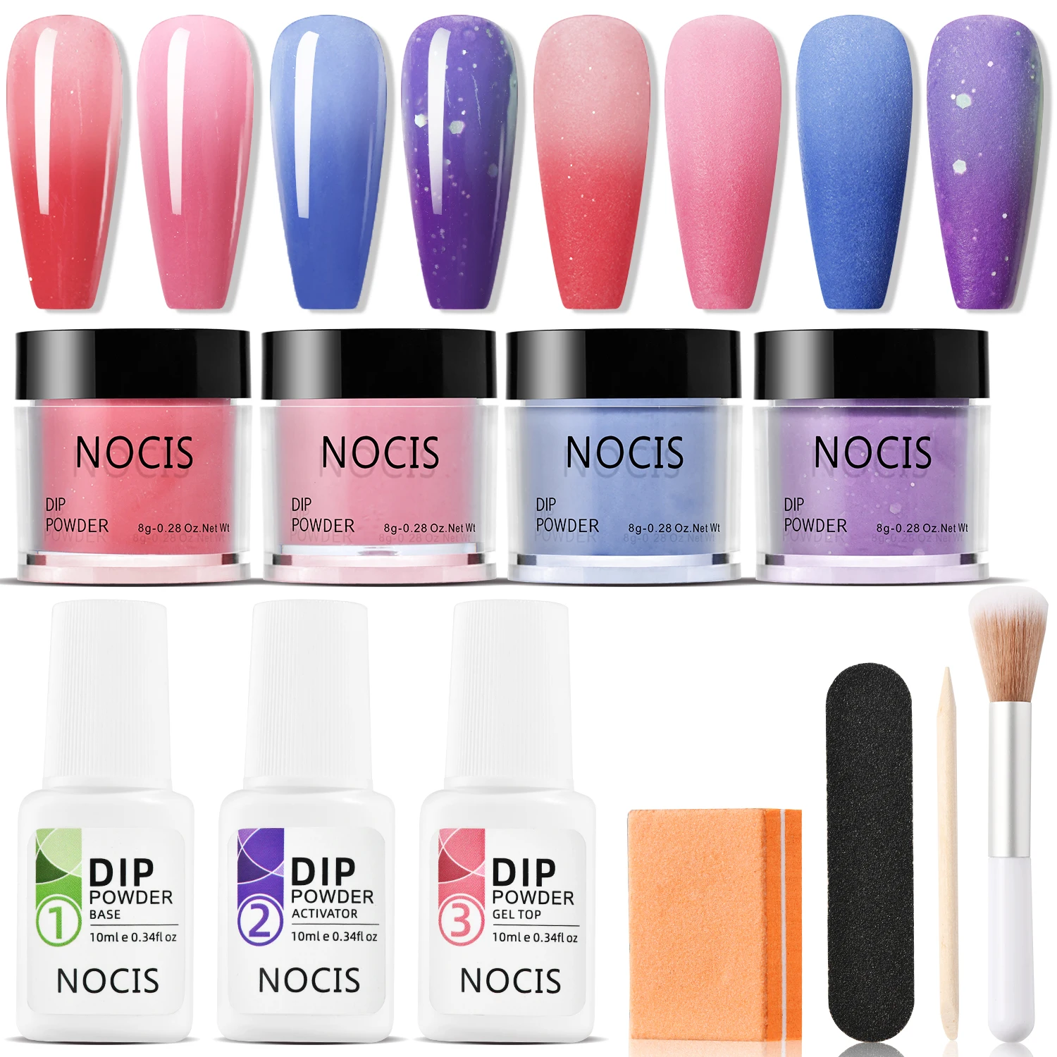 Temperatuur Kleurveranderende Dip Poeder Nagelkit Starter 4-kleuren Rood Blauw Glitter Acryl Dompelpoeder Essentiële vloeistofset