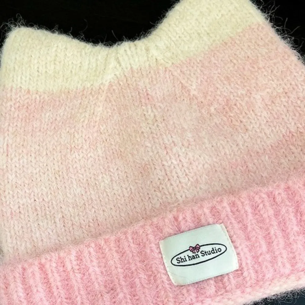 New Gradual Change Color Knitted Hat Yarn Warm Winter Hat Cat Ears Shape Cute Beanie Hat Outdoor