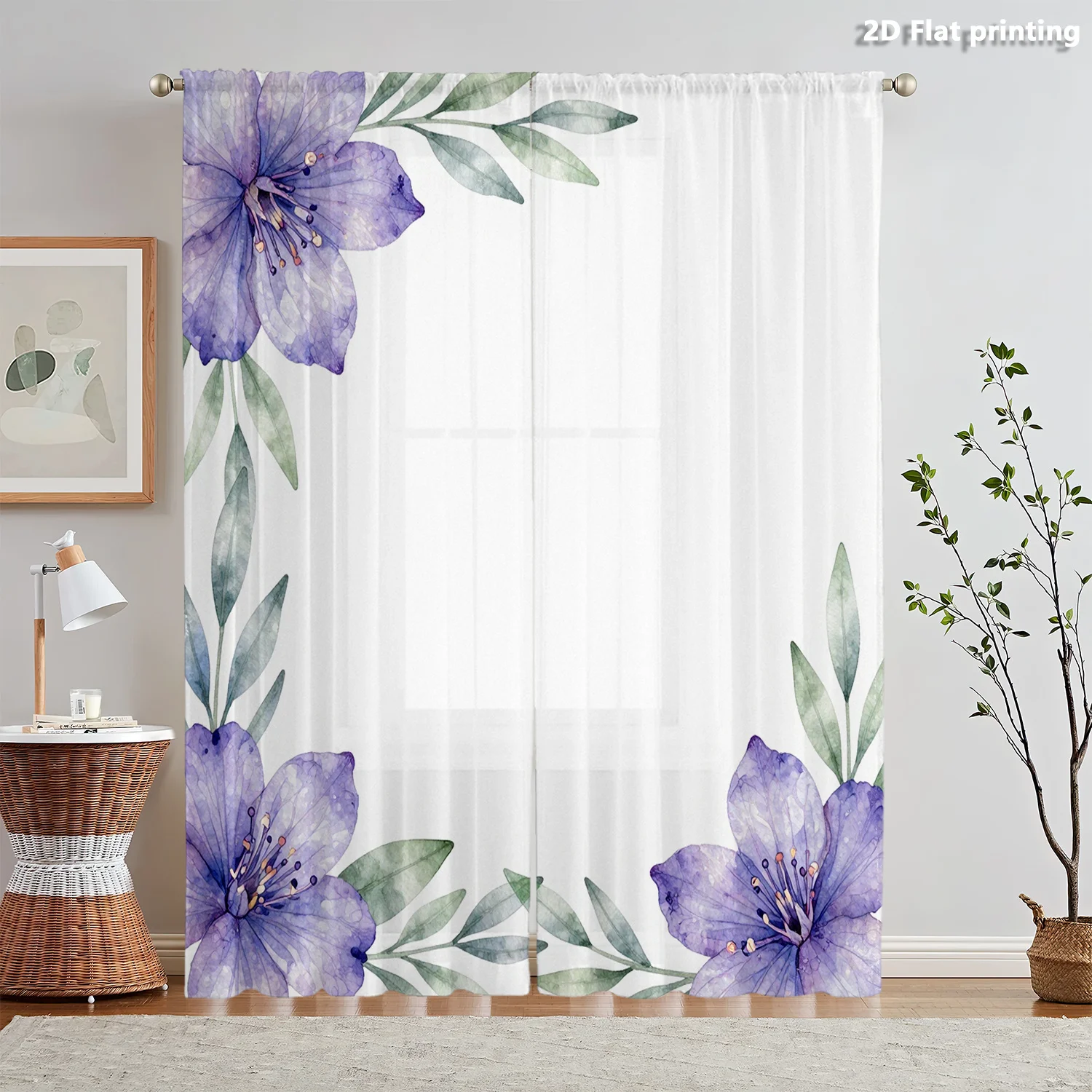 

2D FLAT 2pcs Sheer Curtains Purple Flowers And Green Leaves Rod Pocket Window Drapes, Filtering Panels for Bedroom Living Room,