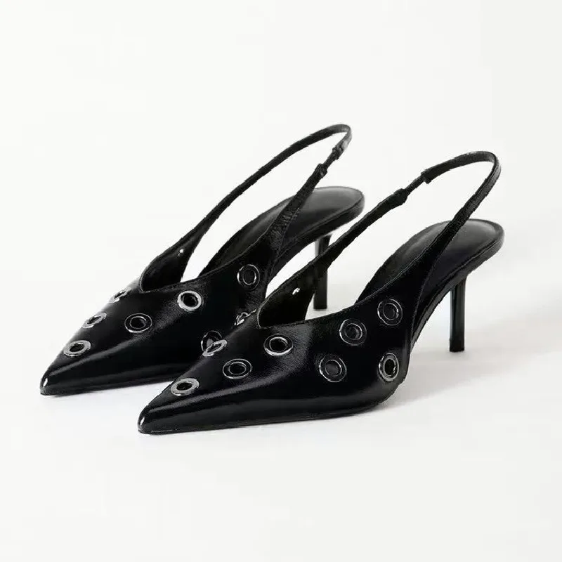 

Black Pointed Toe Sexy Heels Summer Sandals Women Metal Decoration Hollow Mule Pumps Luxury Brand Thin High Heeled Dress Shoes