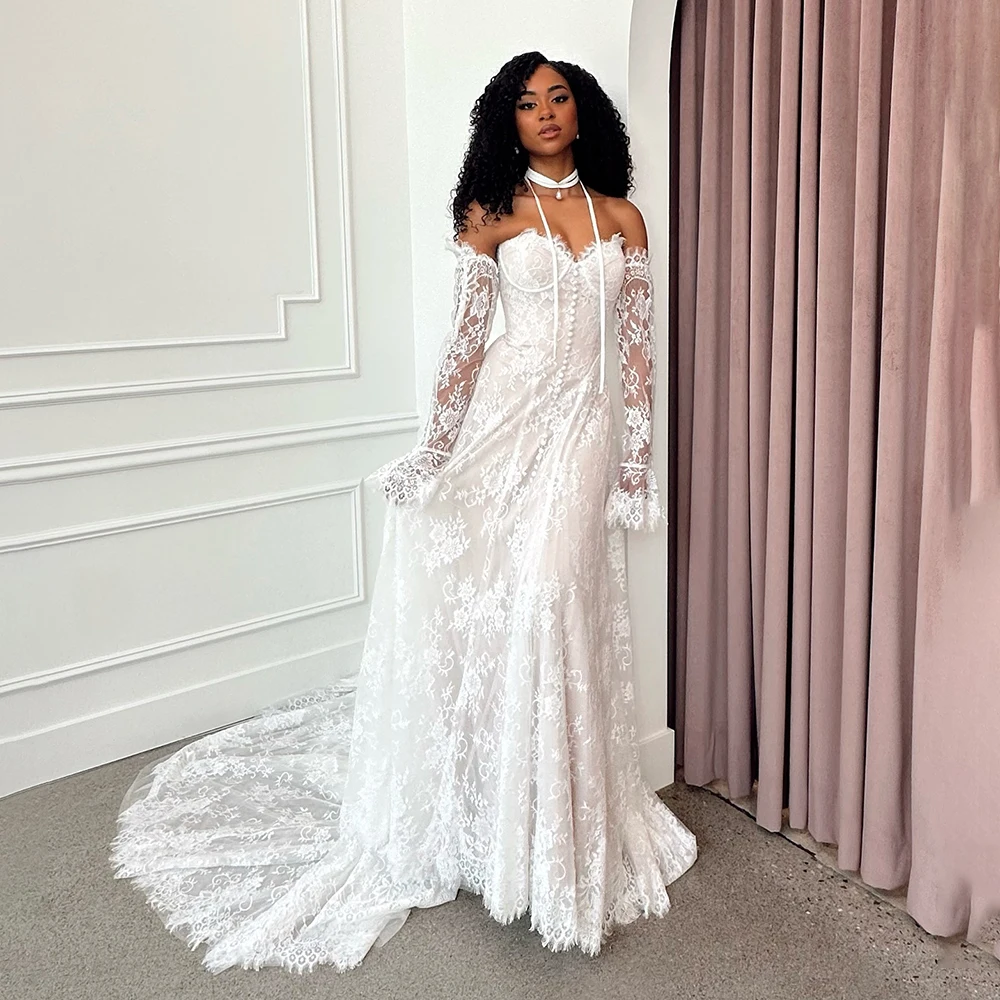 

Fashion Sweetheart Lace Wedding Dress 3/4 Sleeve A-line Backless Zipper Custom Size Bridal Gowns