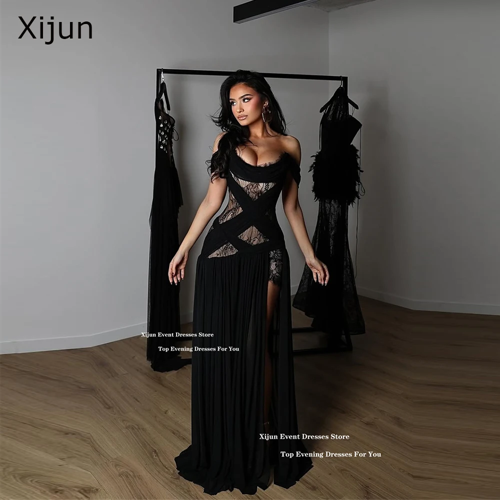 Xijun Sexy Black Lace Evening Dresses Off The Shoulder High Split Prom Dresses Plus Size Sleeveless Formal Prom Gowns Customized