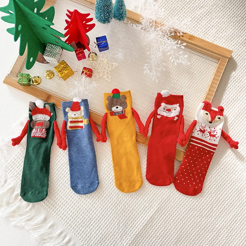 3 Pairs Women's Christmas Magnetic Holding Hands Socks Female Cotton Breathable Couples Red Mid-tube Comfort New Year Gift Sock