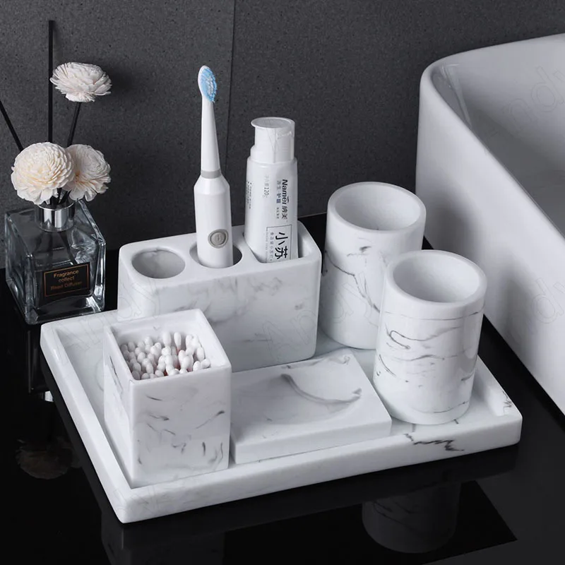 Modern Resin Bathroom Accessories Marble Texture Desktop Mouthwash Sets Golden Stroke Bathrooms Five Piece Sets Home Decoration