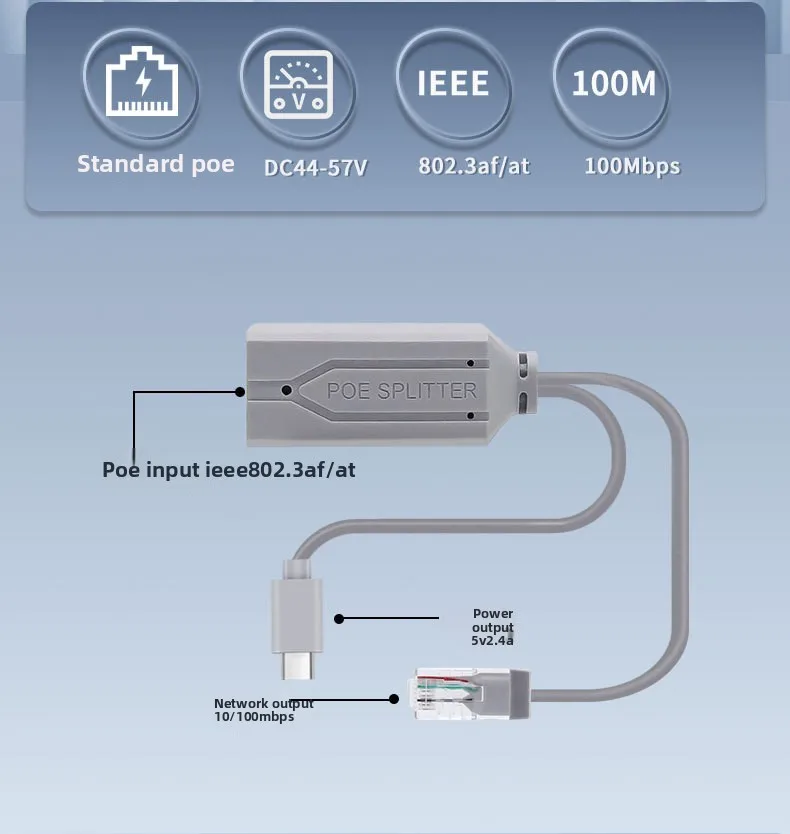 100Mbps 48V To 5V POE Splitter Standard Isolated Type-C USB Power Supply Module POE Splitter