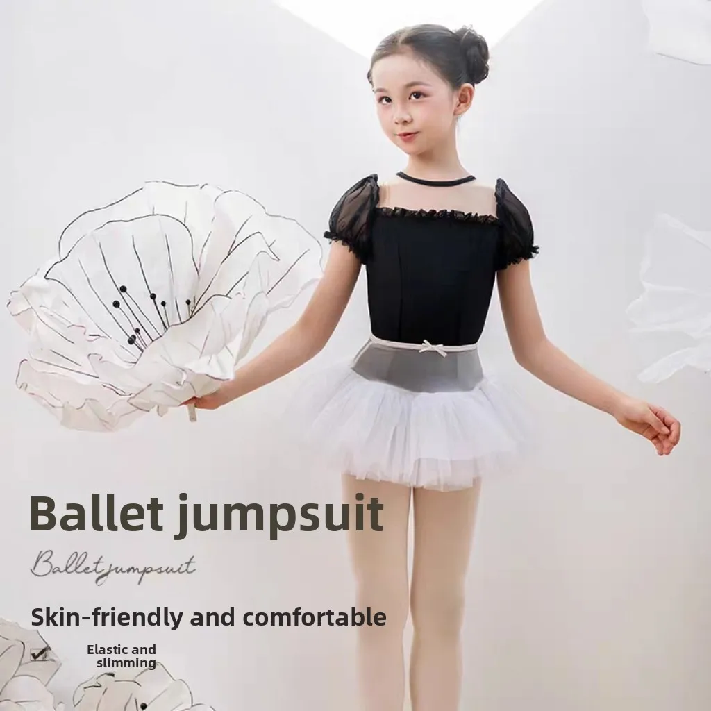 新しいバレエワンピーススーツ半袖バブルスリーブダンスユニフォーム美術試験審美フォームフィット女の子用コットンモダンバレエ