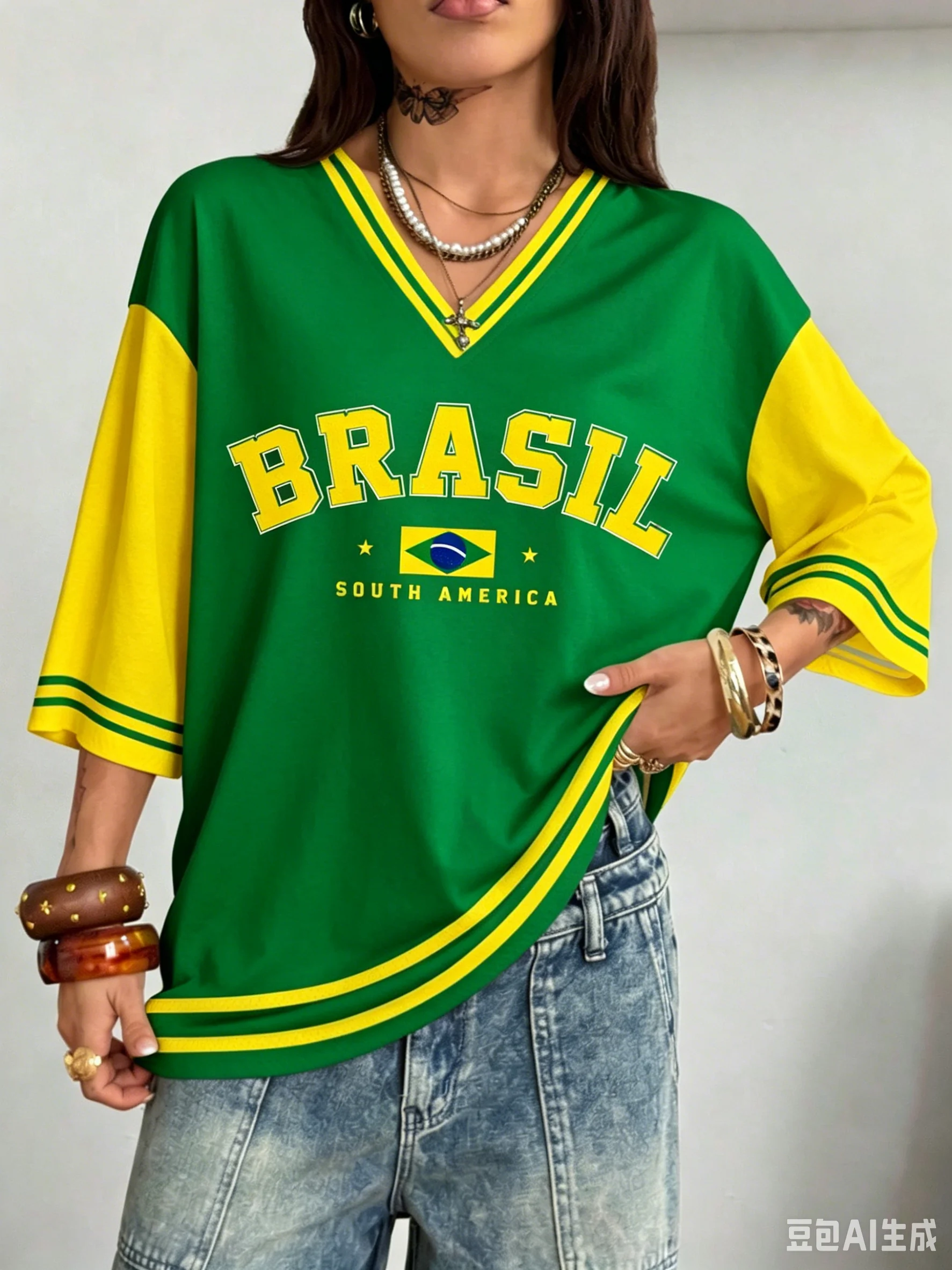 Casual Minimalist Green & Yellow Contrast Brazil Letter & Flag Graphic Print Number T-Shirt Summer Sports Season Soccer Jersey