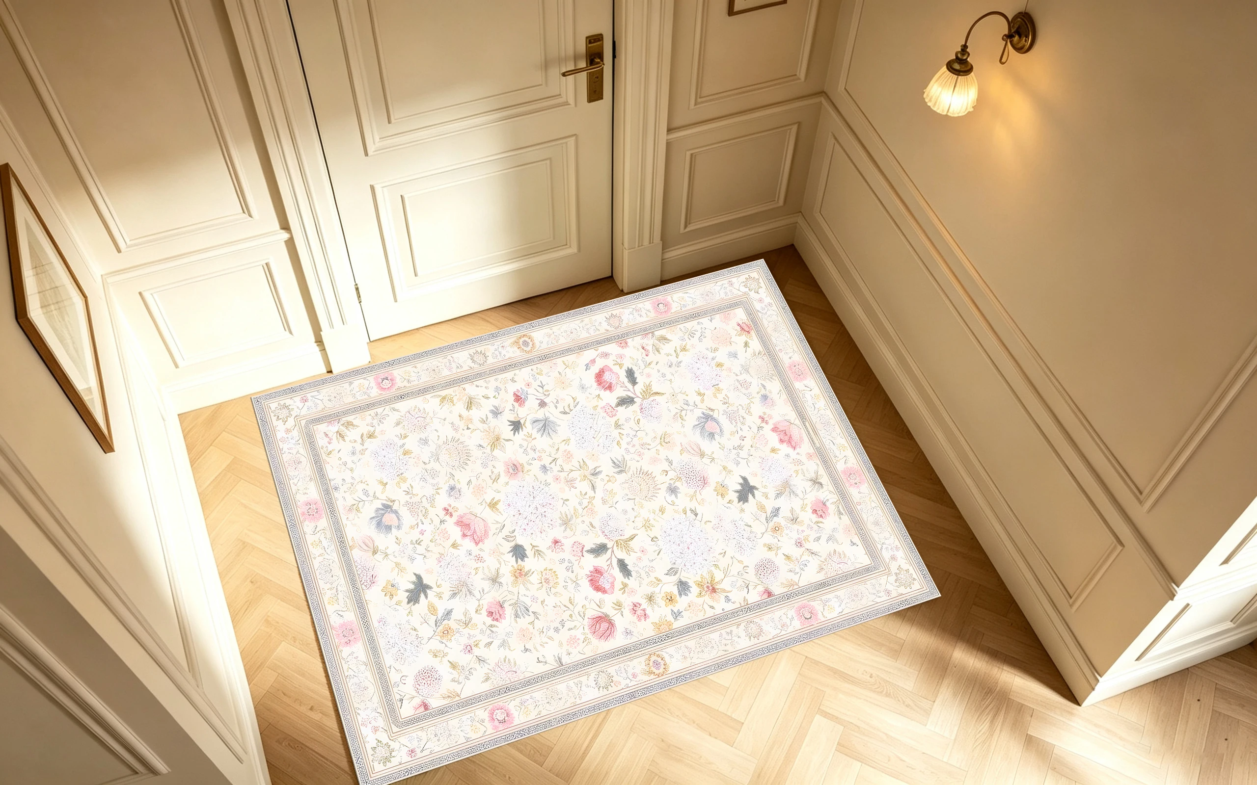 Light‑Base Fresh Floral Area Rug, Soft Tiny Colorful Flower Print, for Autumn Winter Home Refresh, Decor for Entryway and Bedroom