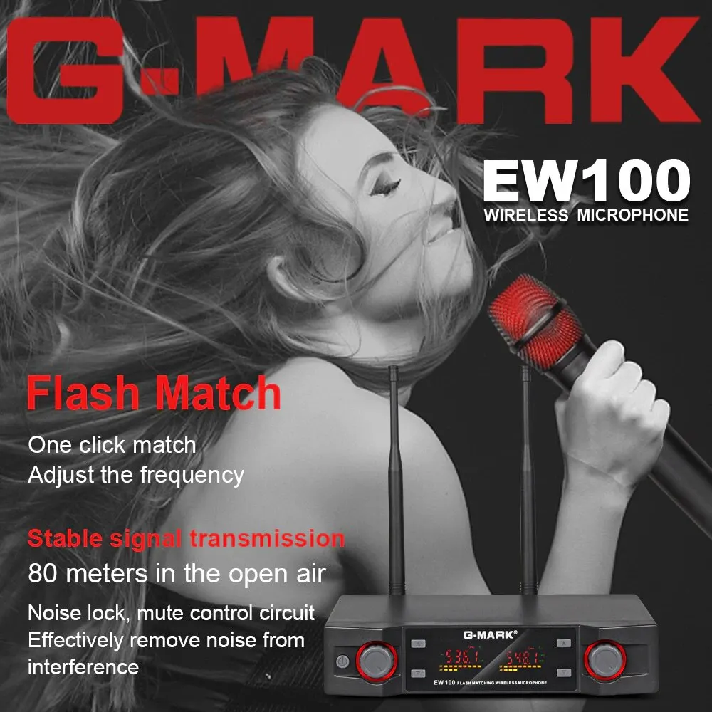 G-MARK-Microfone Profissional Sem Fio, Microfone Portátil, Frequência Ajustável de Karaoke, 50m, Party Show, Casamento, Profissional, EW100