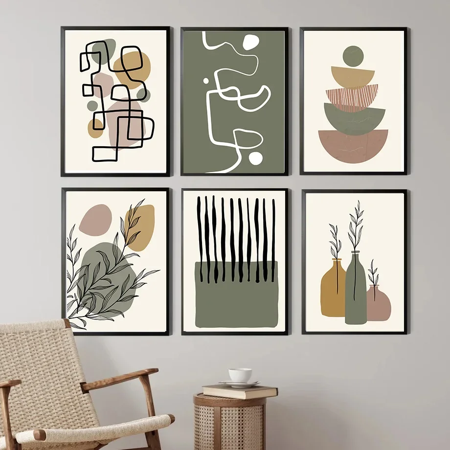 Boho Lines Leaves Vase Geometric Abstract Posters Prints Wall Art Canvas Painting Hotel Cafe Bar Pictures For Living Room Dec