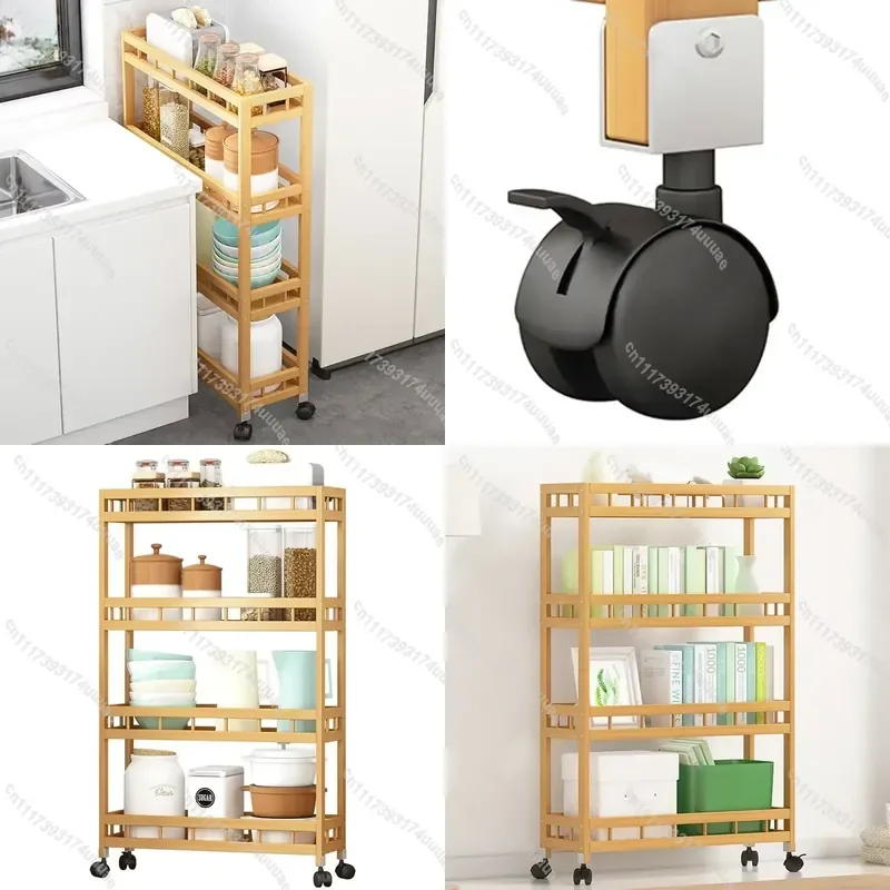 Multi Tier Bamboo Storage Shelf Narrow Rolling Floor Standing Rack Mobile Organizer for Kitchen Bathroom