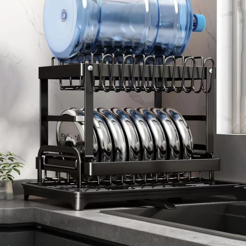2-tier المطبخ استنزاف رف طبق تخزين الرف المطبخ طبق تجفيف الرف مع صينية استنزاف كونترتوب أدوات المائدة تخزين استنزاف المجلس #6