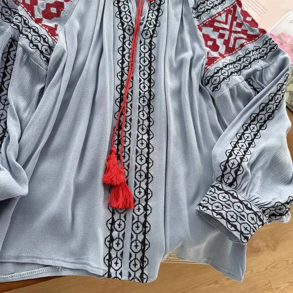 Babyoung casual o pescoço lanterna manga pesada colheita topo all-match vintage rendas até camisa bordado solto nova moda fresco blusas