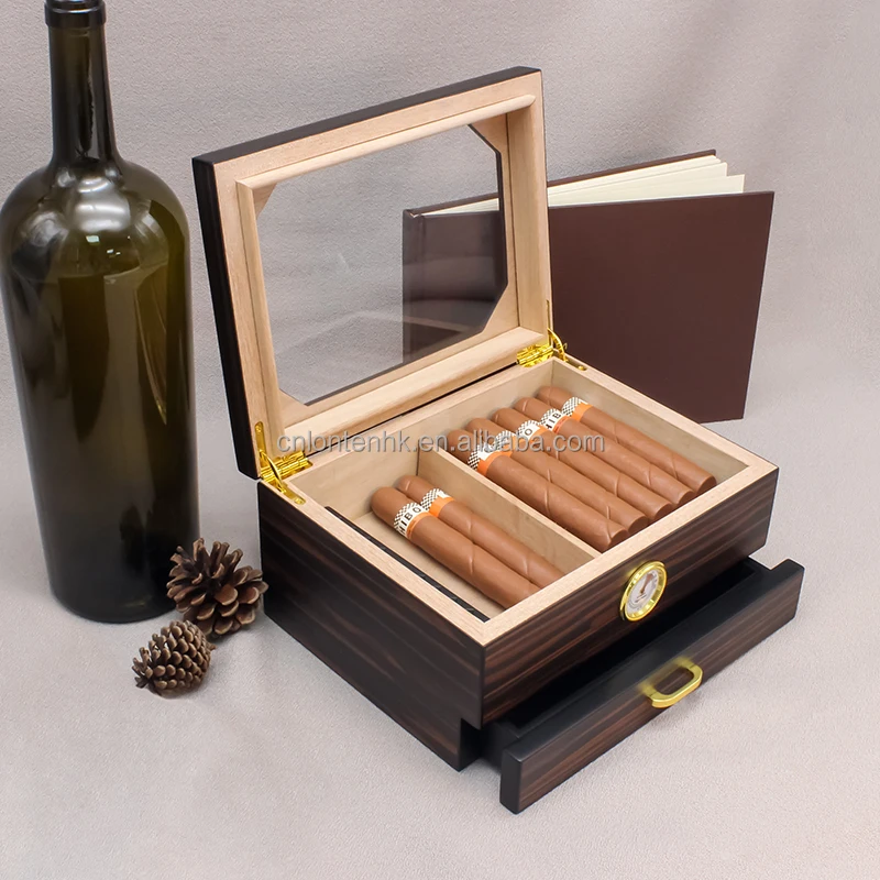 

Lonten luxury Portable Cedar Wood Travel Humidor Cigar box glass sides hygrometer humidifier wooden cigar humidor