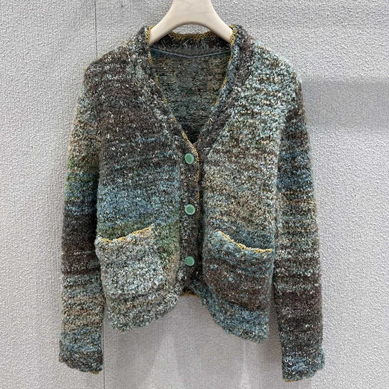 

Высококачественный разноцветный женский кашемировый кардиган с V-образным вырезом и однорядным свитером 251102295