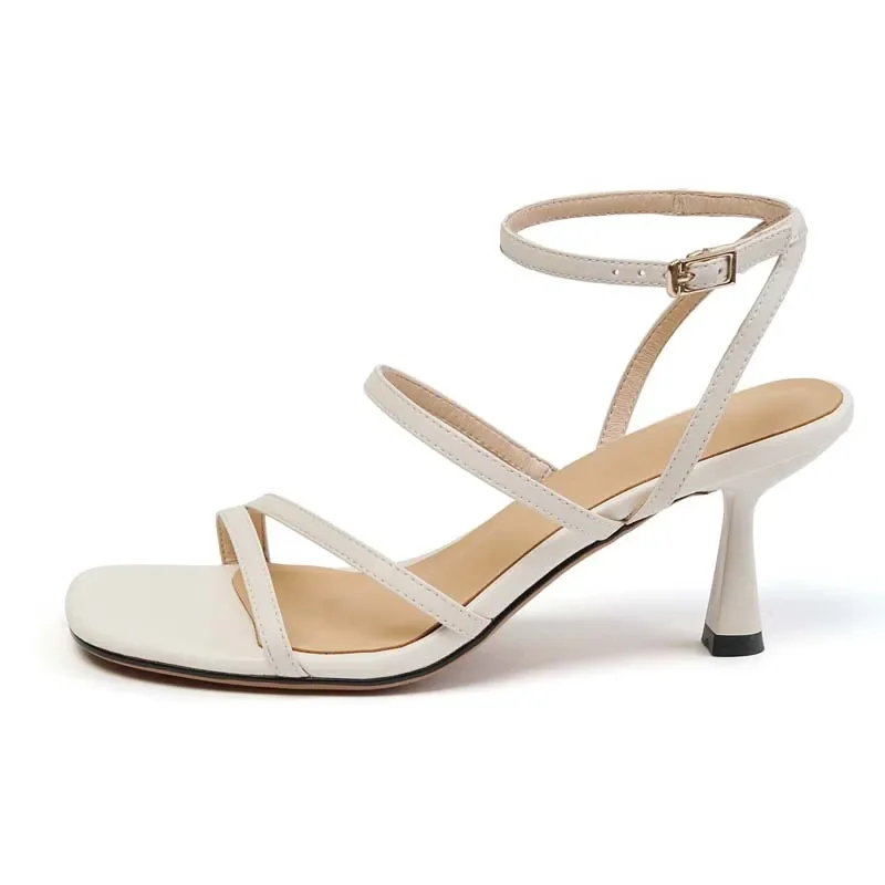 2024 New Ankle Strap Sandals Summer Women Sexy Party Lady Open Toe High Heels Fashion Woman Beige Apricot One Word Buckle Sandal