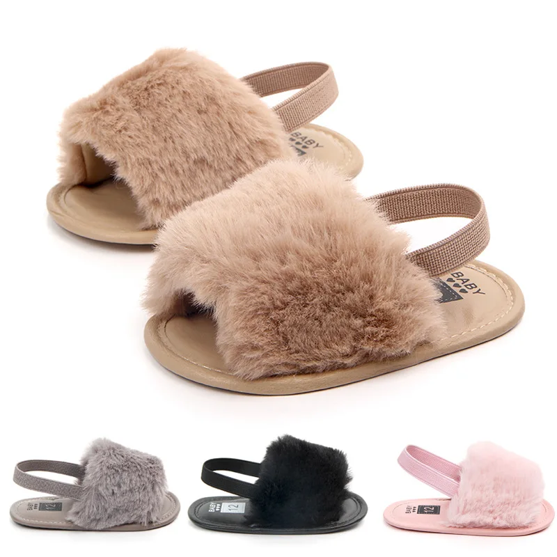 Summer Soft hair style Classic Baby Girl Slipper Sandals Breathable Baby Fur Shoes Simple Elastic Sandals princess Baby Shoes