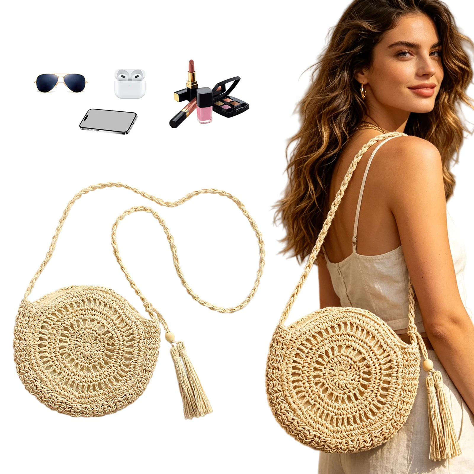 Circle Round Bag - Damen Papierseil Casual Stroh-Umhängetaschen mit Quaste