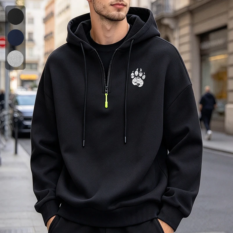 Men's  Creative Bear Paw Print Half Zip Hoodies Casual Warm Pullover For Streetwear Commute And Fitness Casual Athletic Top