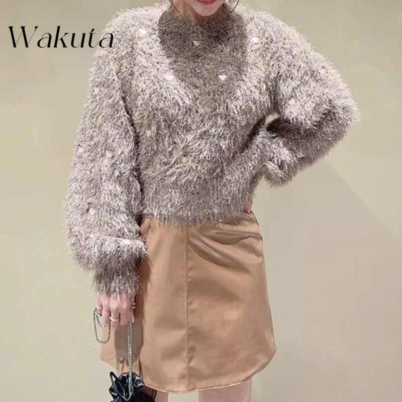 WAKUTA Japanese Retro Spring/autumn Round Neck Printed Shiny Silk Plush Pullover Chic Heart-shaped Embroidery Loose Knit Sweater