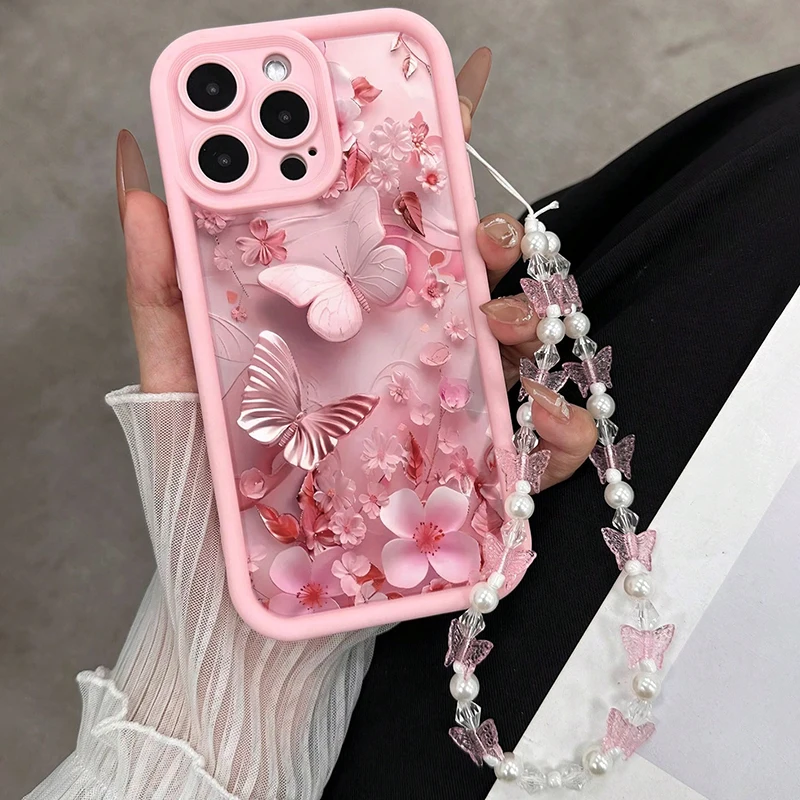 Rosa Blumen Schmetterling Lanyard Handyhülle für iPhone 17 16 15 14 13 12 11 Pro Max 16E XS XR 7 8 Plus Silikon Weiche Luxus-Hülle – Detail 5