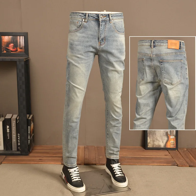 Vintage Jeans Men's Fashion Street Slim Fit Skinny Elastic Trend Nostalgic High-End All-Match Casual Men's Trousers