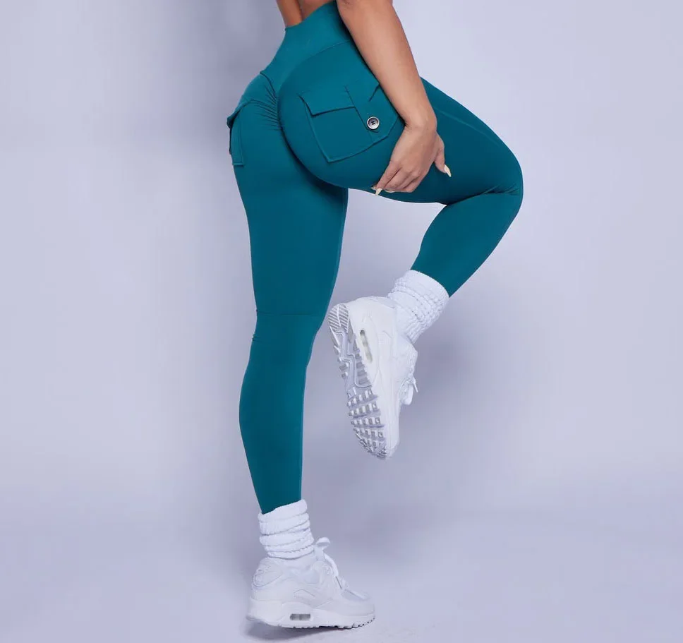 Women's tight pockets yoga pants with peach thread lifting buttocks high waist elastic running sports Tights with Pocket