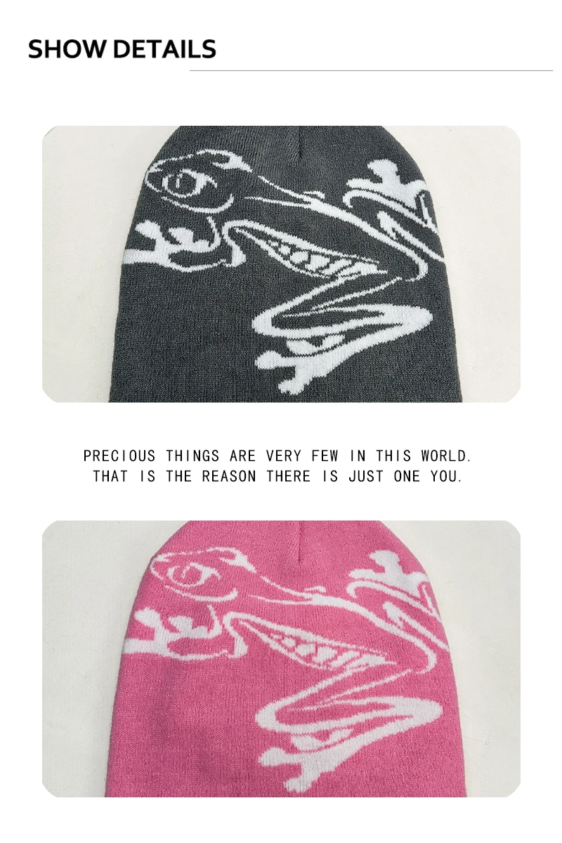 Neue Herren- und Damenmützen im Nischen-Street-Stil, Jacquard-Strickmützen mit Springfrosch-Motiv, warm, individuell, vielseitig, amerikanische Beanies, Farbblock-Design, modisch, Retro – Detail 3